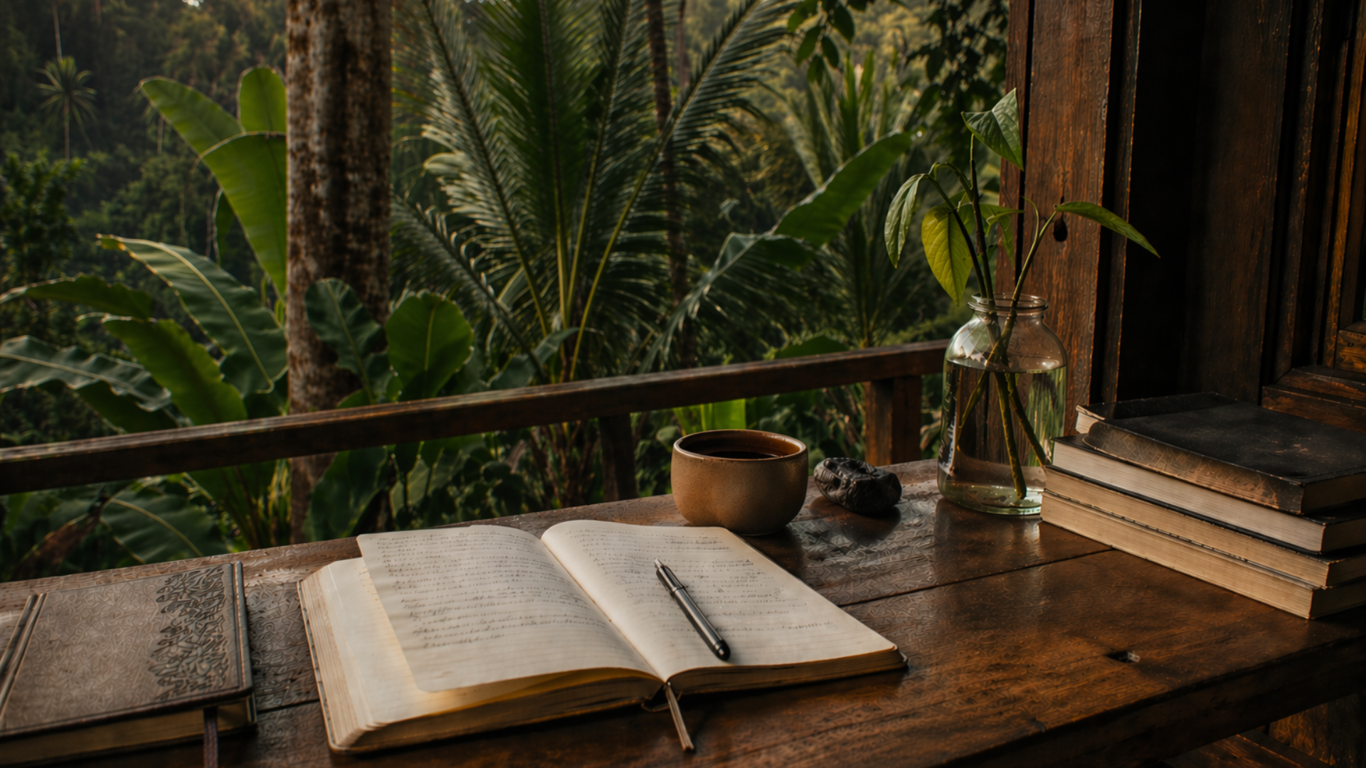 Writing desk overlooking tropical greenery